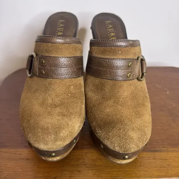 Vintage Y2K Ralph Lauren Brown Suede Studded Clogs Mules Wooden Block Heels 7 M - Picture 3 of 8